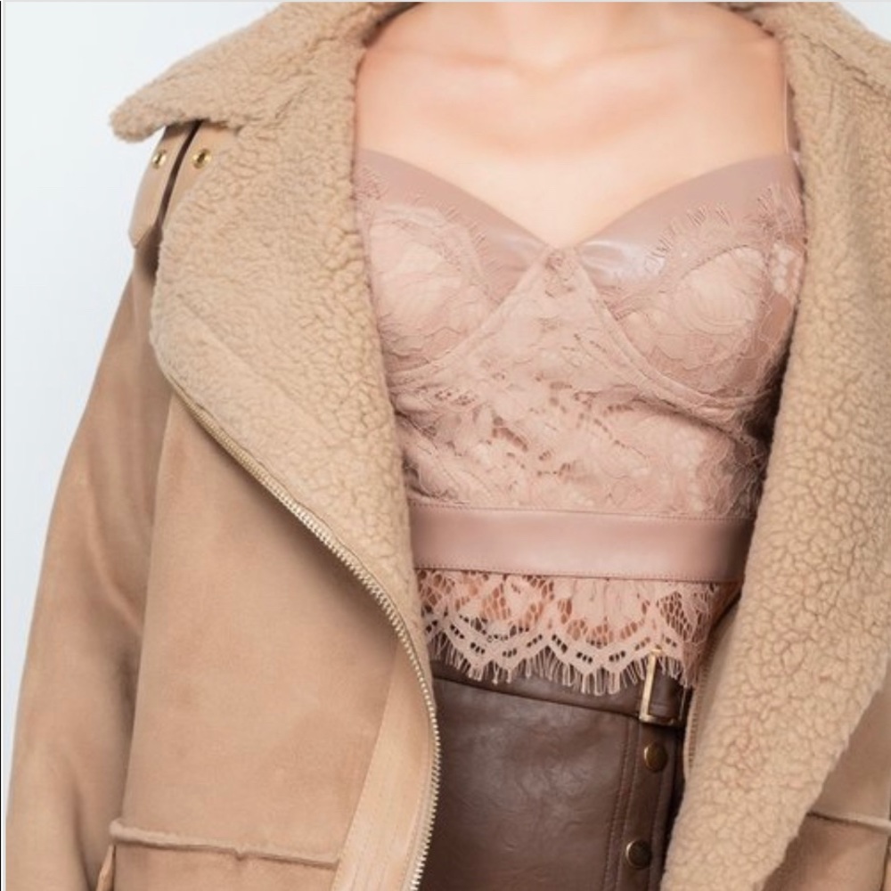 TAUPE BROWN FAUX FUR SUEDE MOTO JACKET BIKER COAT - Picture 4 of 14